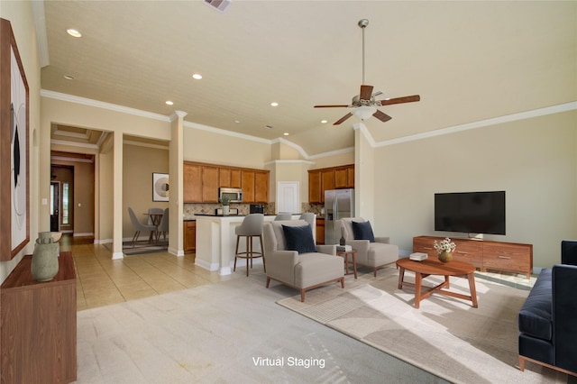 8523 Dolan Heights Ct, Cypress, TX 77433 - living area featuring light tile patterned floors, baseboards, ceiling fan, light carpet, and recessed lighting