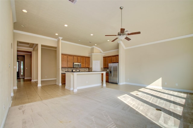 8523 Dolan Heights Ct, Cypress, TX 77433 - unfurnished living room featuring recessed lighting, baseboards, ceiling fan, light tile patterned flooring, and light carpet