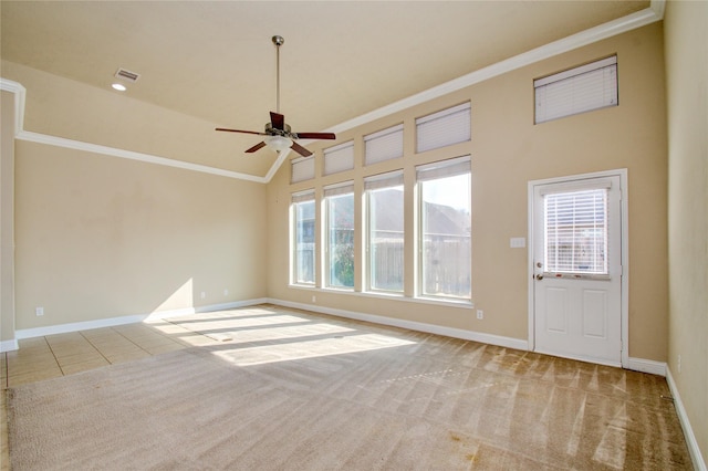 8523 Dolan Heights Ct, Cypress, TX 77433 - unfurnished living room with crown molding, baseboards, a ceiling fan, and carpet floors