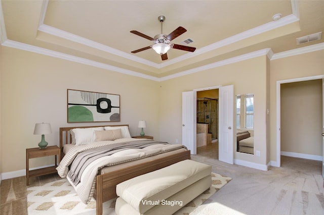 8523 Dolan Heights Ct, Cypress, TX 77433 - bedroom with a tray ceiling, visible vents, and ornamental molding