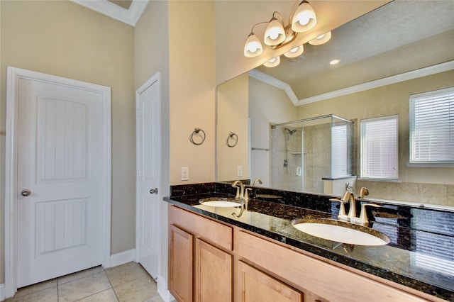 8523 Dolan Heights Ct, Cypress, TX 77433 - full bath with a stall shower, tile patterned flooring, crown molding, and a sink