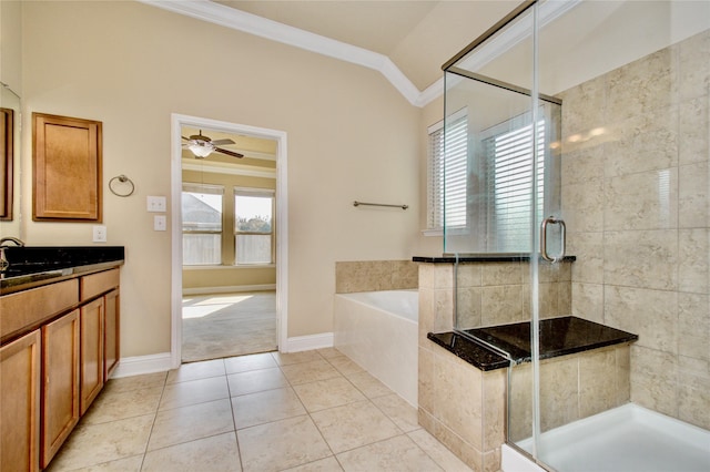 8523 Dolan Heights Ct, Cypress, TX 77433 - full bathroom featuring lofted ceiling, ornamental molding, a shower stall, and a bath