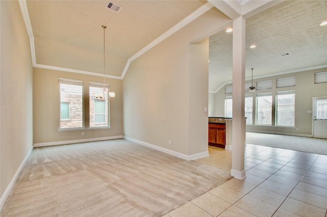 8523 Dolan Heights Ct, Cypress, TX 77433 - unfurnished living room featuring visible vents, ceiling fan with notable chandelier, crown molding, vaulted ceiling, and light carpet