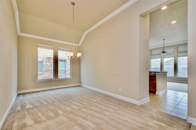 8523 Dolan Heights Ct, Cypress, TX 77433 - spare room with lofted ceiling, baseboards, ornamental molding, ceiling fan with notable chandelier, and light colored carpet