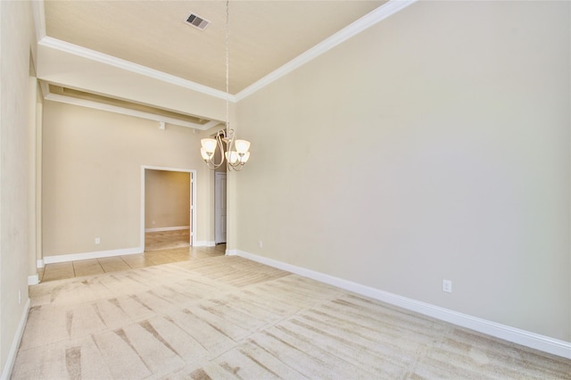 8523 Dolan Heights Ct, Cypress, TX 77433 - empty room featuring carpet floors, ornamental molding, a notable chandelier, and visible vents