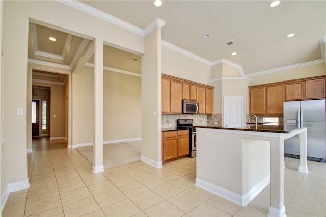 8523 Dolan Heights Ct, Cypress, TX 77433 - kitchen featuring visible vents, light tile patterned flooring, decorative backsplash, dark countertops, and appliances with stainless steel finishes