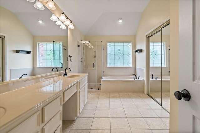 6615 Cypress Village Dr, Sugar Land, TX 77479 - bathroom with a garden tub, a wealth of natural light, a shower stall, and lofted ceiling