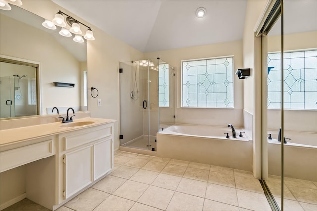 6615 Cypress Village Dr, Sugar Land, TX 77479 - bathroom with lofted ceiling, vanity, a stall shower, tile patterned flooring, and a garden tub