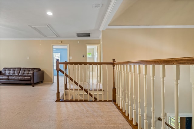 6615 Cypress Village Dr, Sugar Land, TX 77479 - hallway featuring crown molding, visible vents, attic access, and an upstairs landing