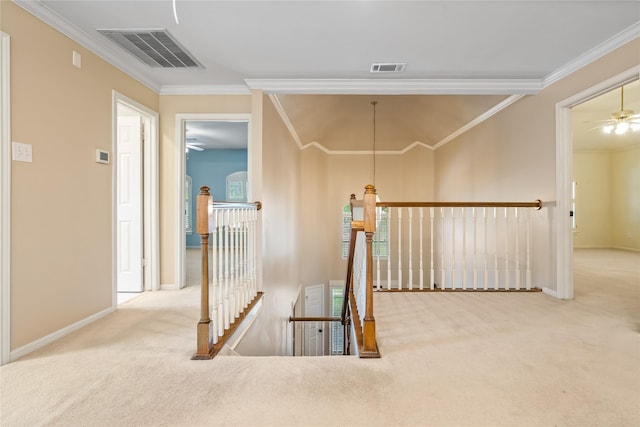 6615 Cypress Village Dr, Sugar Land, TX 77479 - corridor featuring crown molding, carpet flooring, an upstairs landing, and visible vents