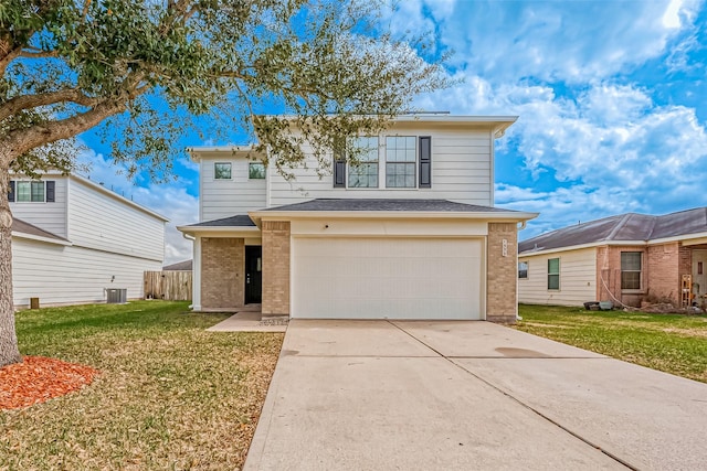 1339 Kane Ct, Rosenberg, TX 77471 - traditional-style house featuring an attached garage, brick siding, a front yard, and central AC