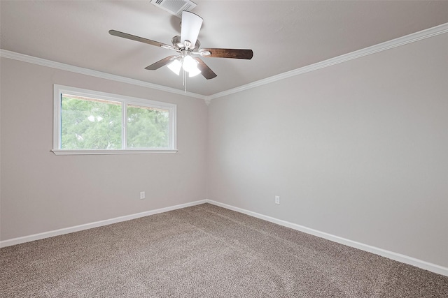 carpeted empty room featuring a ceiling fan, baseboards, crown molding, and visible vents