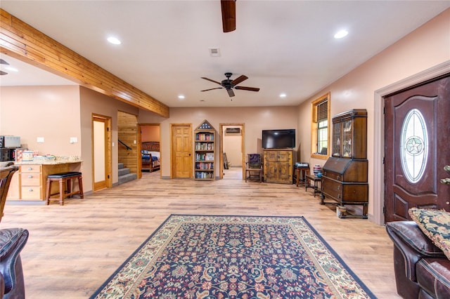 120 Rebecca St, Houston, TX 77022 - entrance foyer featuring ceiling fan, stairway, light wood-type flooring, recessed lighting, and baseboards