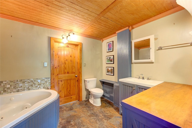 120 Rebecca St, Houston, TX 77022 - full bathroom with wood ceiling, ornamental molding, toilet, a tub with jets, and stone finish floors