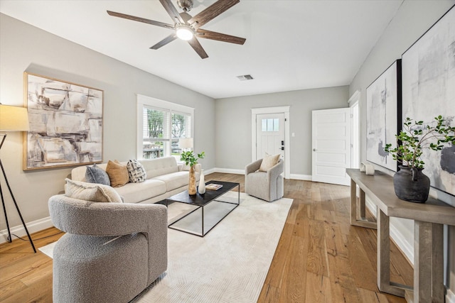 1411 Tulane St, Houston, TX 77008 - living room featuring a ceiling fan, light wood-style floors, and baseboards