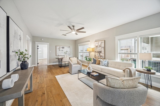 1411 Tulane St, Houston, TX 77008 - living room featuring a ceiling fan, light wood-style flooring, and baseboards