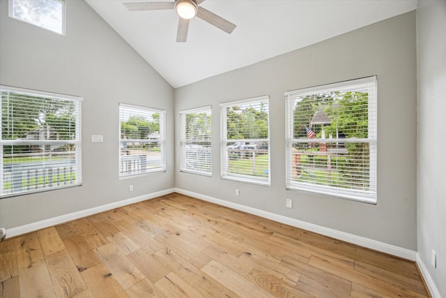1411 Tulane St, Houston, TX 77008 - empty room featuring light wood-style floors, a ceiling fan, baseboards, and high vaulted ceiling