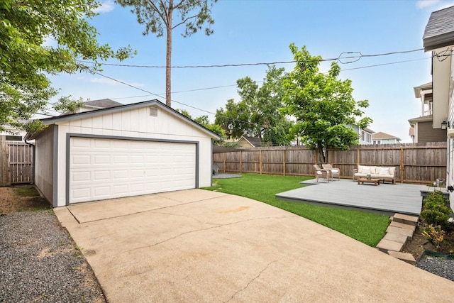 1411 Tulane St, Houston, TX 77008 - view of yard with a detached garage, an outbuilding, a wooden deck, and an outdoor hangout area