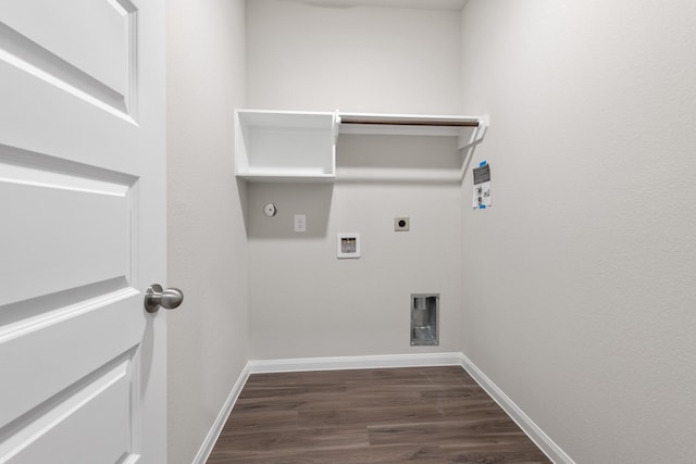 clothes washing area with baseboards, hookup for a washing machine, dark wood-type flooring, hookup for an electric dryer, and laundry area