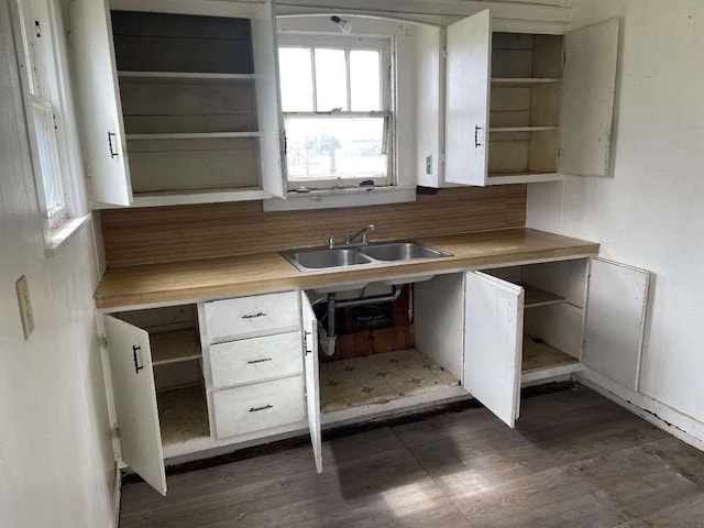 kitchen featuring open shelves, plenty of natural light, dark wood-style floors, and a sink