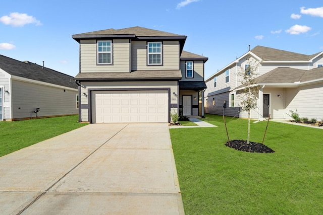 view of front of house with a front lawn, roof with shingles, driveway, and a garage