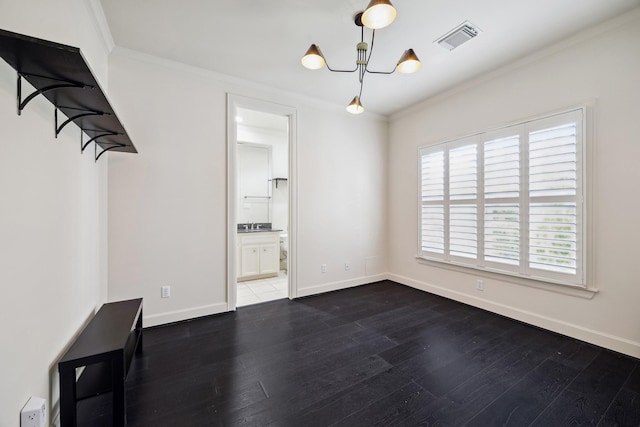 unfurnished dining area featuring visible vents, dark wood-style flooring, baseboards, and ornamental molding
