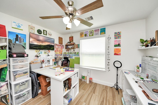 11202 Leah Elizabeth Dr, Needville, TX 77461 - office space with a ceiling fan, wood finish floors, and baseboards
