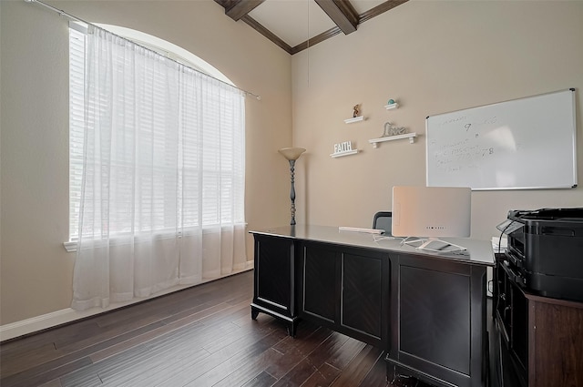 17019 Mahogany Trace Ln, Richmond, TX 77407 - home office with dark wood-type flooring, baseboards, and vaulted ceiling with beams