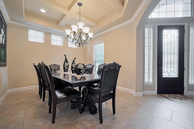 17019 Mahogany Trace Ln, Richmond, TX 77407 - dining area featuring coffered ceiling, baseboards, beamed ceiling, arched walkways, and a chandelier