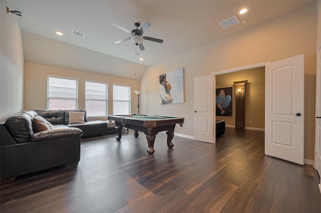 17019 Mahogany Trace Ln, Richmond, TX 77407 - rec room with visible vents, vaulted ceiling, a ceiling fan, dark wood-style floors, and billiards