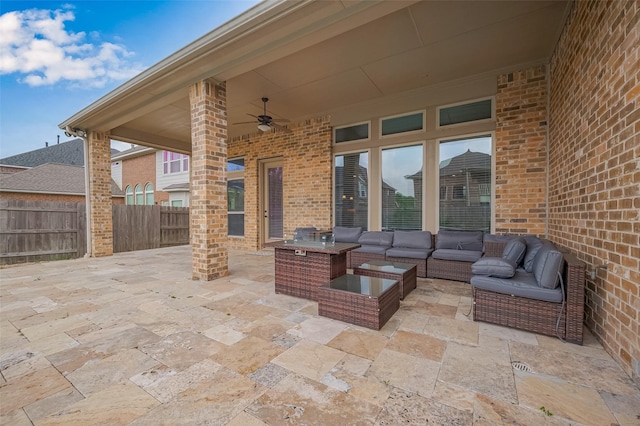 17019 Mahogany Trace Ln, Richmond, TX 77407 - view of patio / terrace featuring ceiling fan, fence, and outdoor lounge area