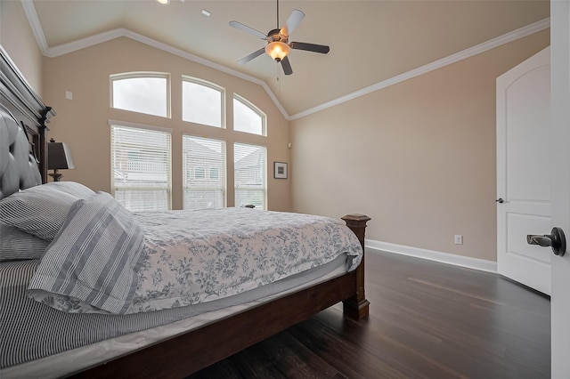 17019 Mahogany Trace Ln, Richmond, TX 77407 - bedroom with lofted ceiling, baseboards, crown molding, and dark wood-type flooring
