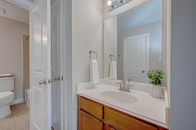 bathroom featuring toilet, shower / tub combination, vanity, visible vents, and tile patterned floors