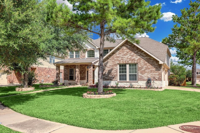 view of front of house with a shingled roof, a front lawn, and brick siding