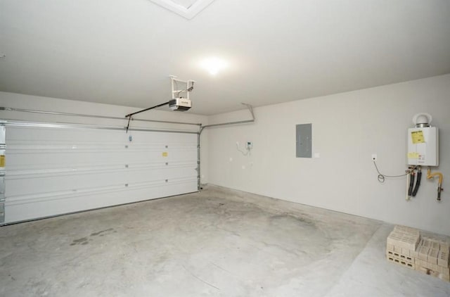 garage featuring electric panel, water heater, and a garage door opener