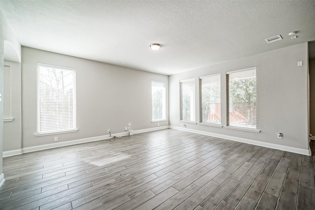 unfurnished room featuring a wealth of natural light, a textured ceiling, and wood finished floors