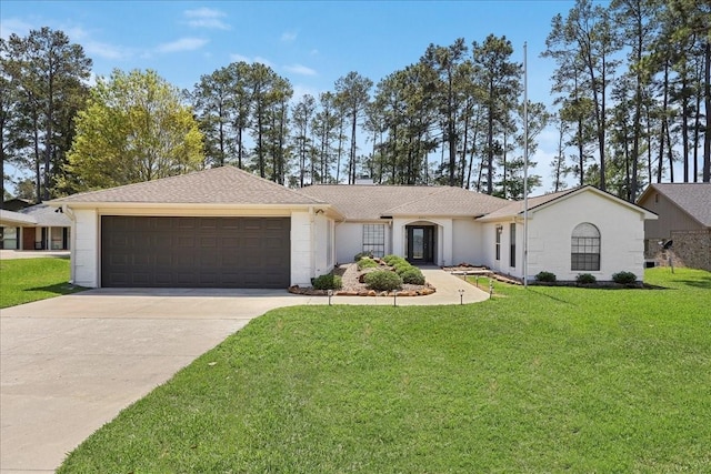single story home with concrete driveway, a front lawn, roof with shingles, and an attached garage