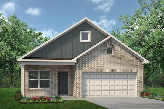 805 Apple Blossom Dr, La Marque, TX 77568 - view of front of property featuring an attached garage, brick siding, concrete driveway, a front lawn, and board and batten siding