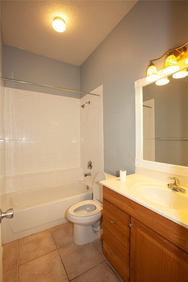 13847 Ventura Rd, Willis, TX 77318 - bathroom featuring toilet, shower / tub combination, a textured ceiling, tile patterned flooring, and vanity