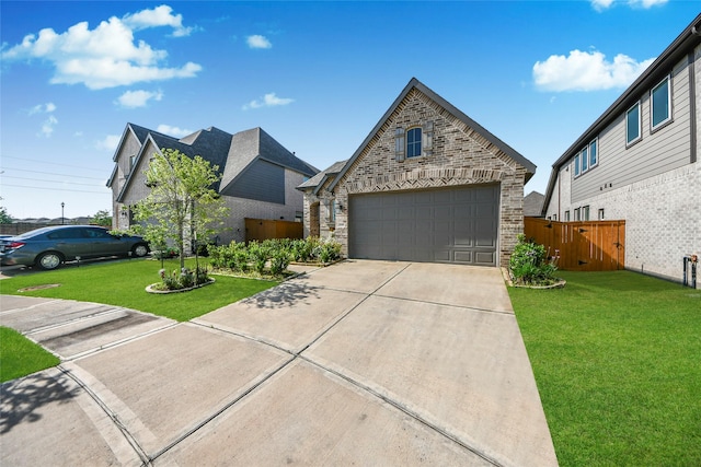 view of front of property featuring brick siding, fence, stone siding, concrete driveway, and a front yard