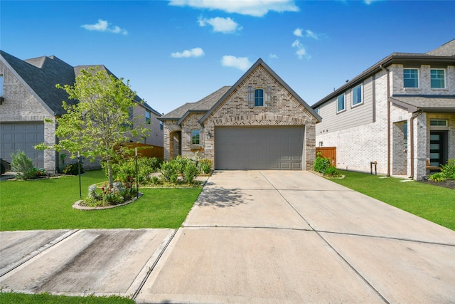 french country home featuring a front lawn, brick siding, and driveway