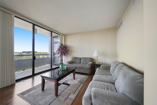 living room featuring floor to ceiling windows and wood finished floors