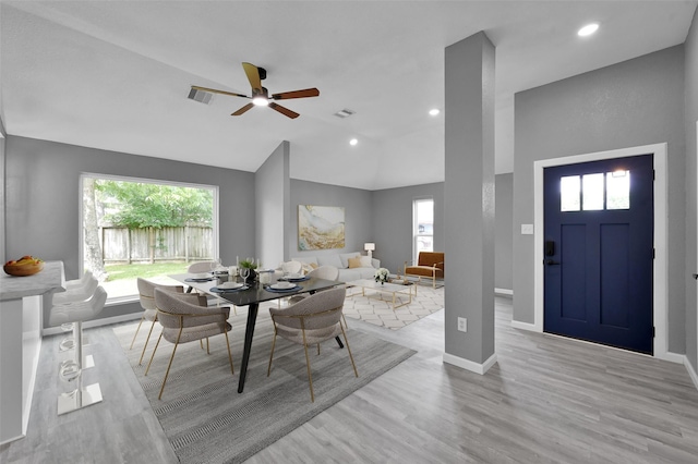 22603 Pebworth Pl, Spring, TX 77373 - dining room featuring vaulted ceiling, wood finished floors, ceiling fan, baseboards, and recessed lighting