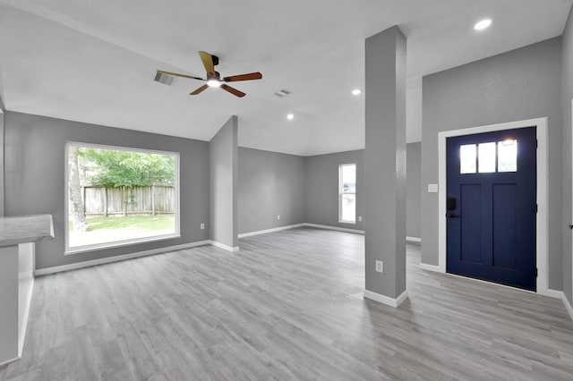 22603 Pebworth Pl, Spring, TX 77373 - entrance foyer featuring vaulted ceiling, a ceiling fan, wood finished floors, baseboards, and recessed lighting