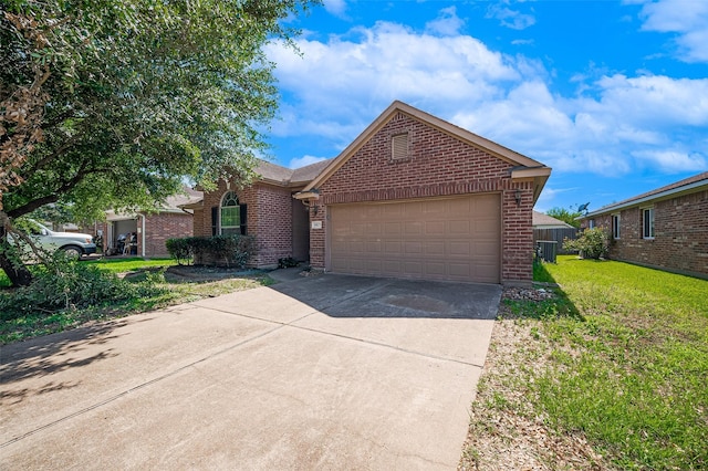 ranch-style house featuring an attached garage, central AC, brick siding, driveway, and a front lawn