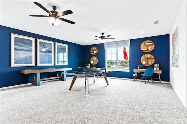 8251 Red Shiner Way, Fulshear, TX 77441 - rec room featuring ceiling fan, carpet floors, baseboards, and visible vents