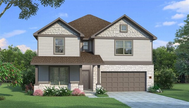 8251 Red Shiner Way, Fulshear, TX 77441 - craftsman-style house with an attached garage, stone siding, driveway, a front yard, and a shingled roof
