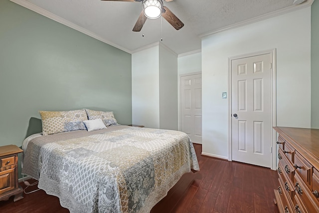 7551 Basswood Forest Ct, Houston, TX 77095 - bedroom featuring dark wood-style floors, crown molding, ceiling fan, and baseboards