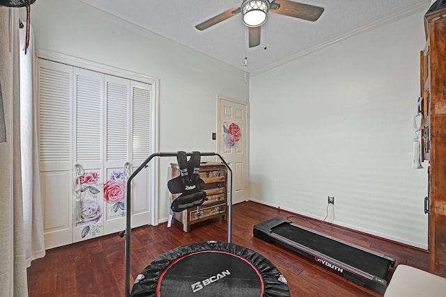 7551 Basswood Forest Ct, Houston, TX 77095 - exercise room with ceiling fan, crown molding, wood-type flooring, and baseboards
