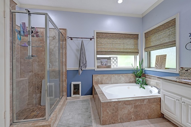 7551 Basswood Forest Ct, Houston, TX 77095 - bathroom with a bath, a stall shower, vanity, ornamental molding, and heating unit